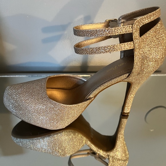 Gold Mary Jane Double Strap Heels - Picture 2 of 6